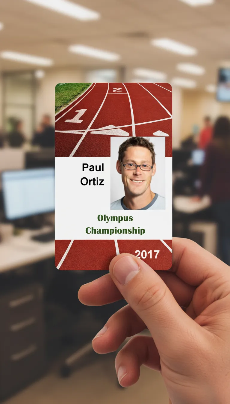 Track runner custom ID badge template with green and white design, featuring logo, name, title, and barcode.