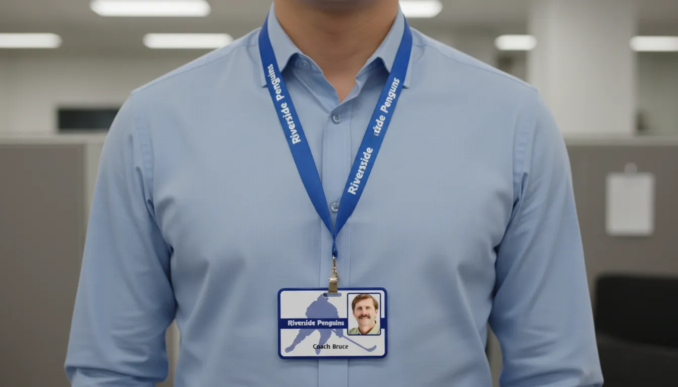 Athletic program PVC photo ID card template with blue and white design, featuring text fields and a rounded photo area.