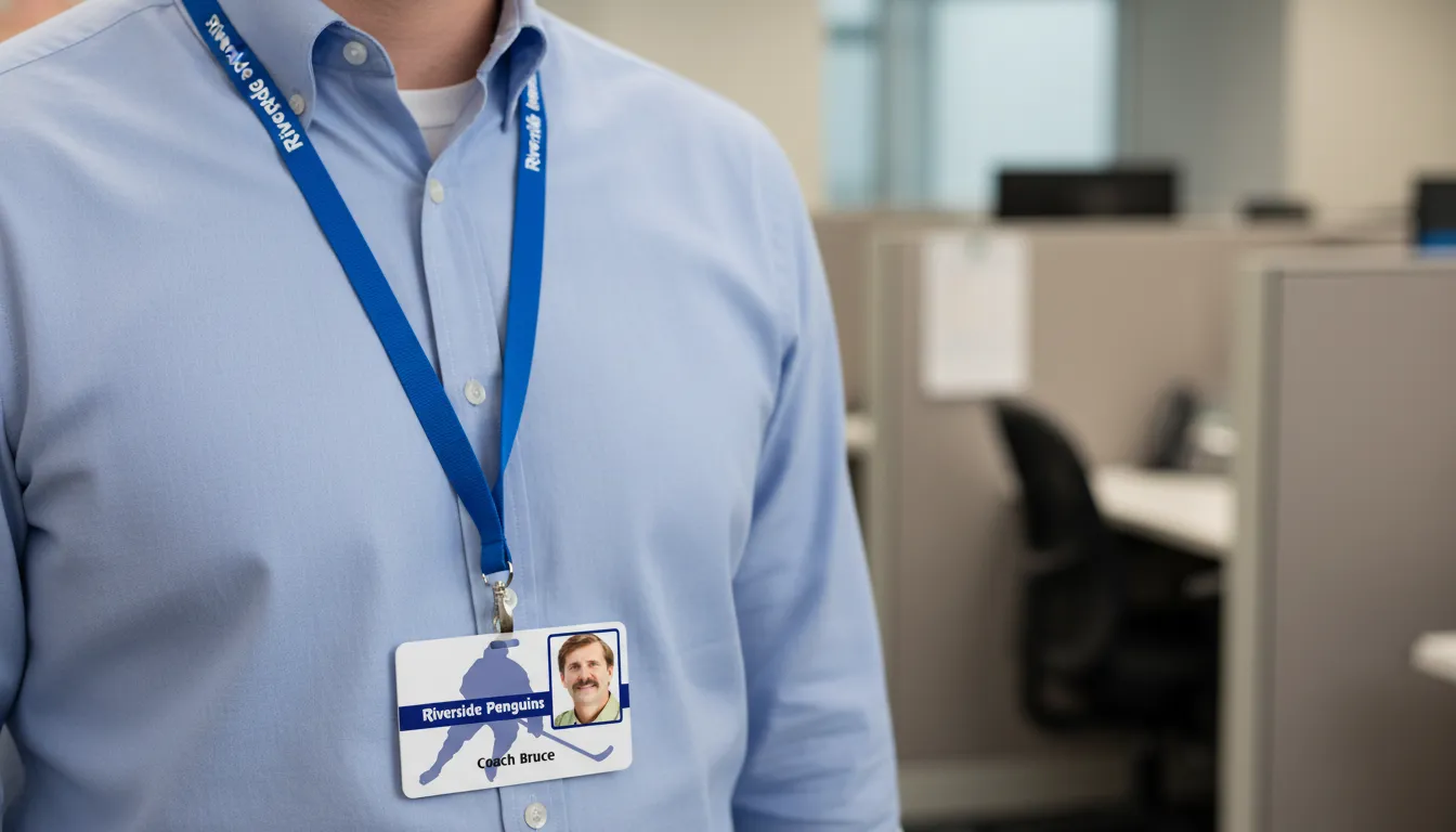 Hockey roster PVC ID card template with blue and white color blocks, featuring text fields and logo area.