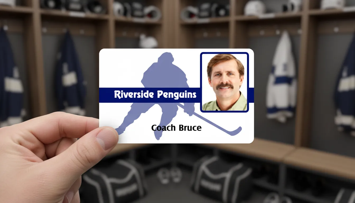 JV hockey PVC ID card template with blue and white color blocks, team logo area, and text fields.