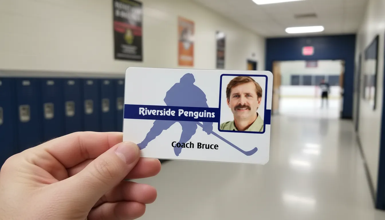 Professional ID badge for a hockey team with blue and white design, athletic program logo, name, and barcode.