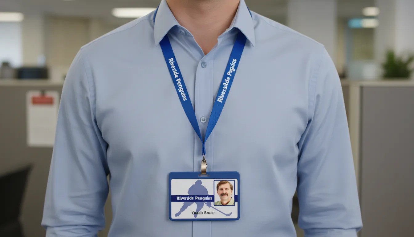 School hockey team, professional ID card with blue and white design, logo area, name and grade.