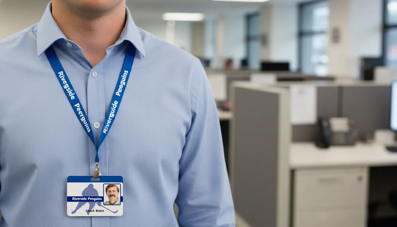 Varsity hockey durable ID card with blue and white design, featuring photo area, name, and barcode section.