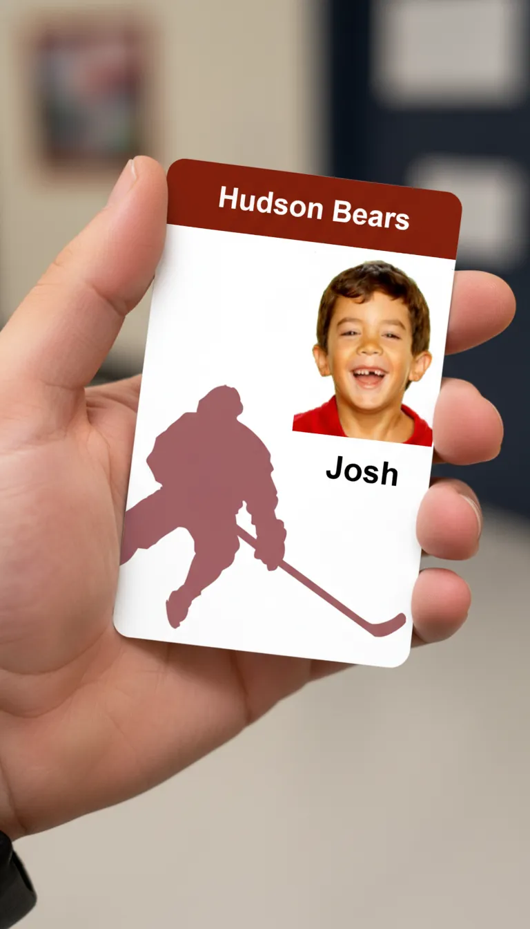 Durable ID card for school hockey team with top red bar, mascot, name and barcode.