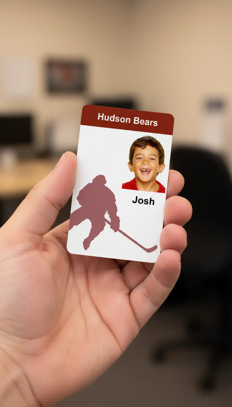 Hockey tournament PVC ID badge with fark red top bar and white background, photo, and text fields.