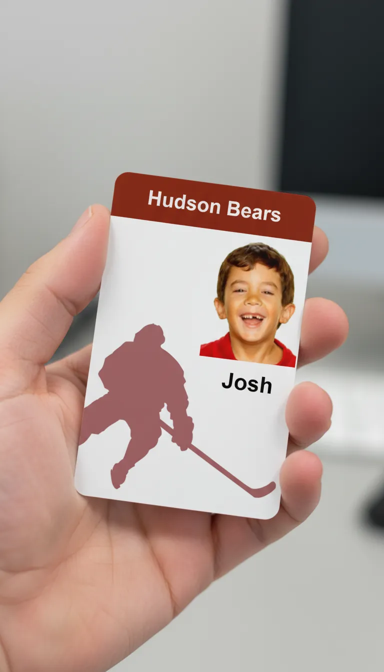 Little ice hockey league photo ID card with holographic overlay, featuring text fields and a player icon.