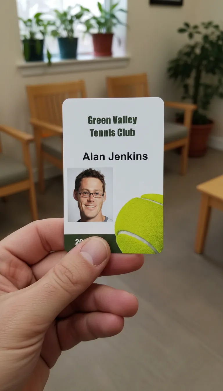 Custom tennis club ID badge with green and white design, featuring name, title, barcode, and company logo.