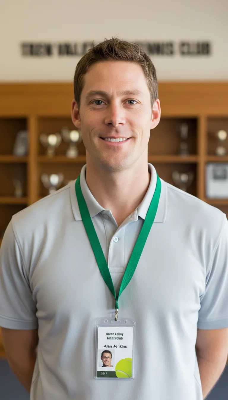 Custom tennis club ID badge with green and white design, logo area, name, title, and barcode section.
