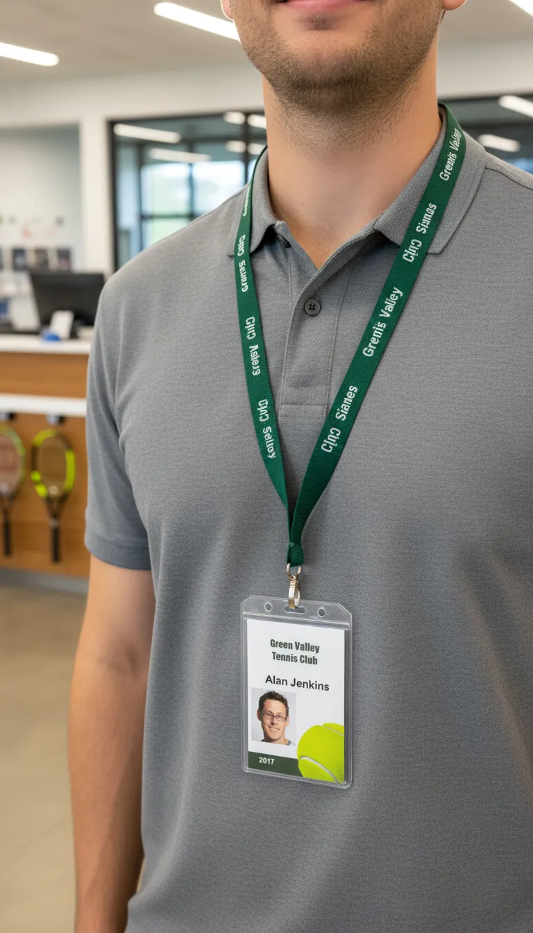Custom tennis club ID card with green and white design, featuring logo, name, title, and barcode.