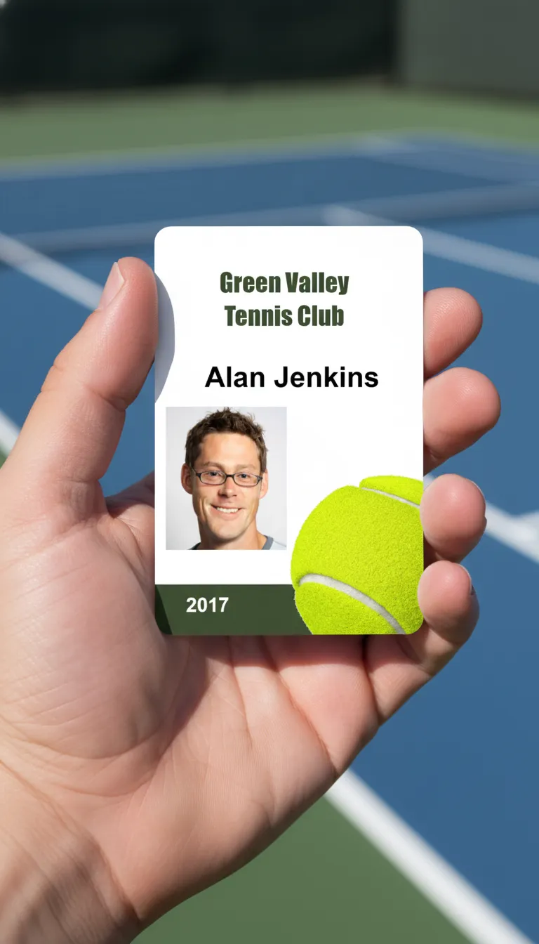 Durable tennis club ID card with green and white design, featuring text fields and a photo placeholder.
