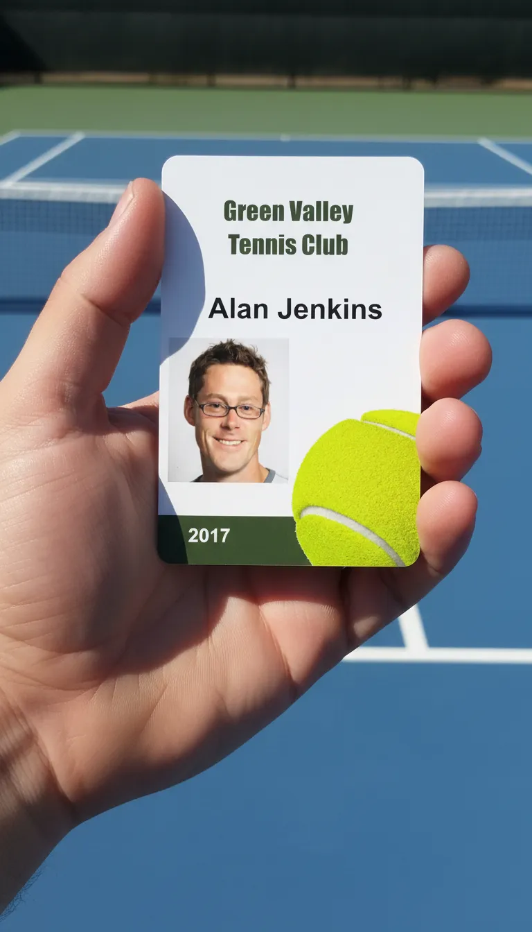 Green and white tennis club ID card template with photo area, name, title, barcode, and company logo.