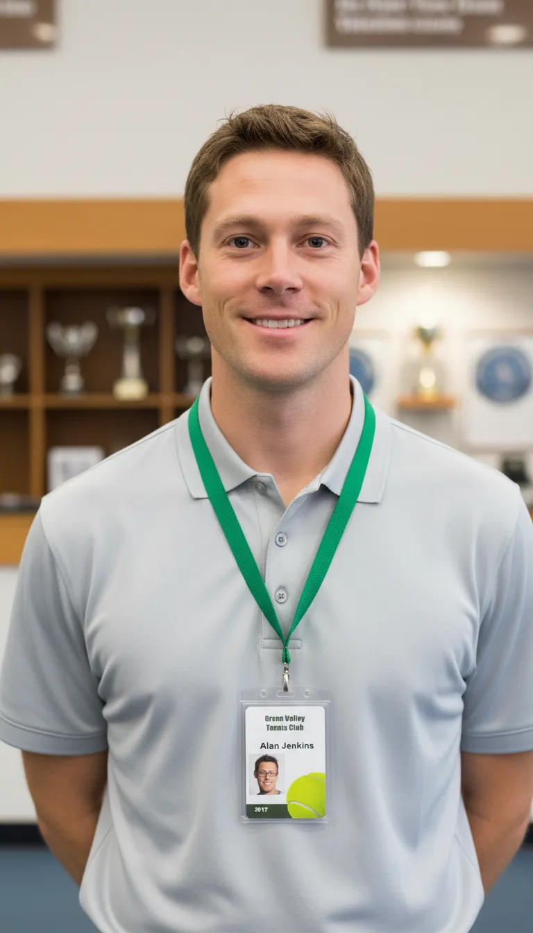 Professional tennis club ID badge with green and white design, featuring logo, name, title, and barcode.