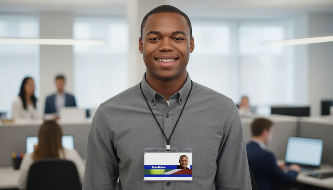 Blue and white  tennis ID card template with photo area, name, title, and barcode sections.