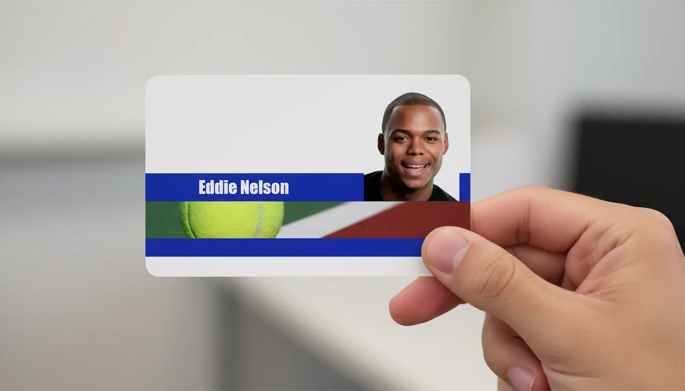 Blue and white tennis player ID card template with photo area, name, title, and barcode sections.