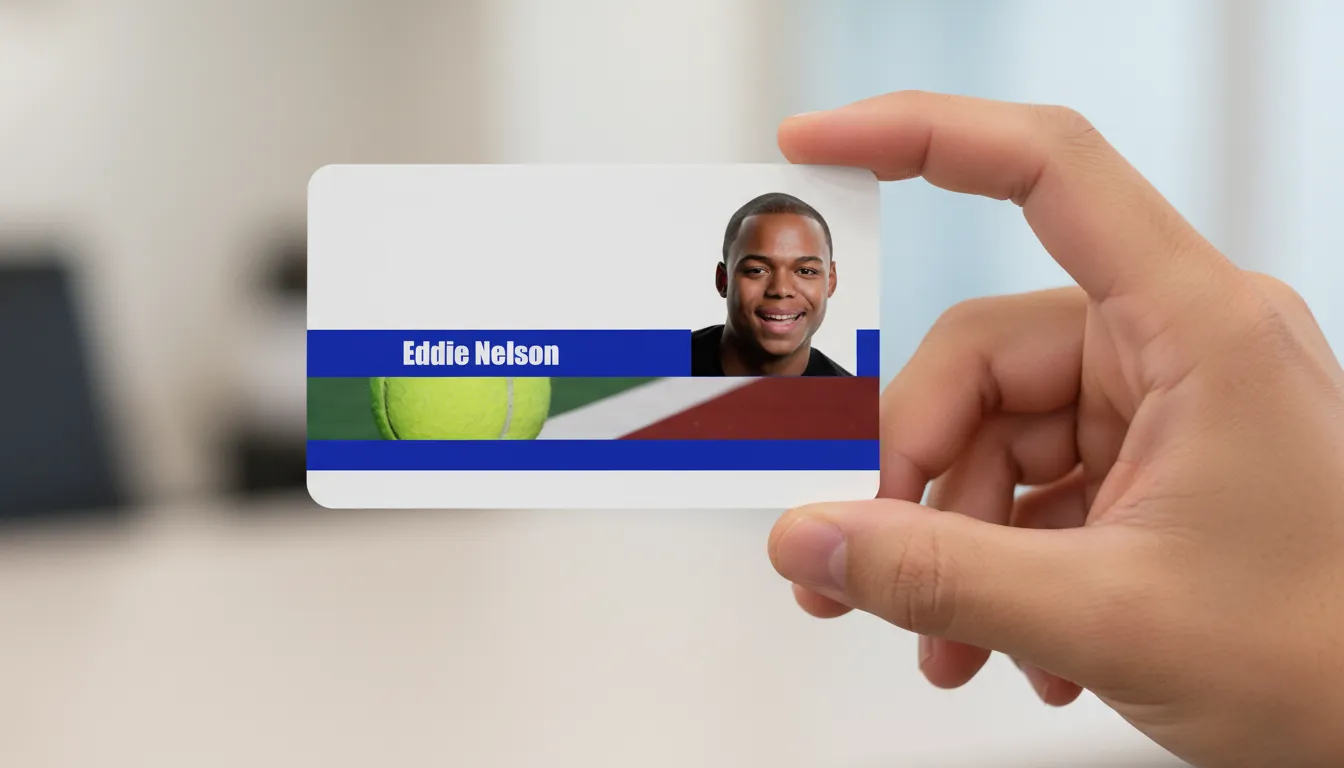 Custom tennis player ID badge template with blue and white color blocks, logo area, and text fields.