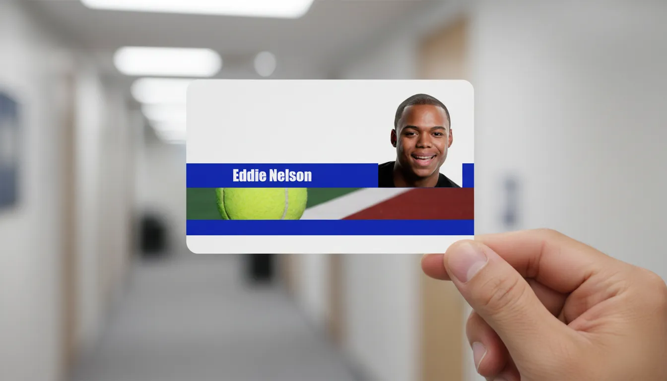 Custom tennis player ID badge with blue and white design, photo area, name, title, and barcode.