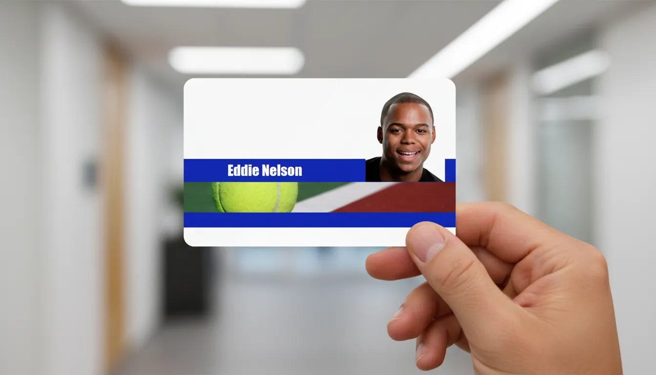 Custom tennis player ID badge with blue and white design, square photo area, name, title, and barcode.