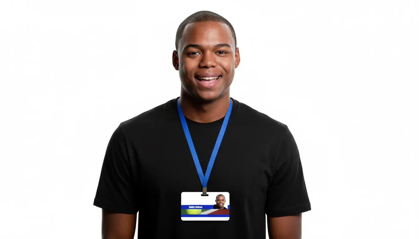 Durable tennis player ID card with blue and white design, featuring name, title, barcode, and company logo.