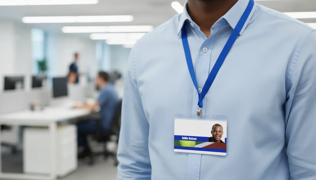 PVC tennis player ID badge template with blue and white color blocks, logo area, and text fields.