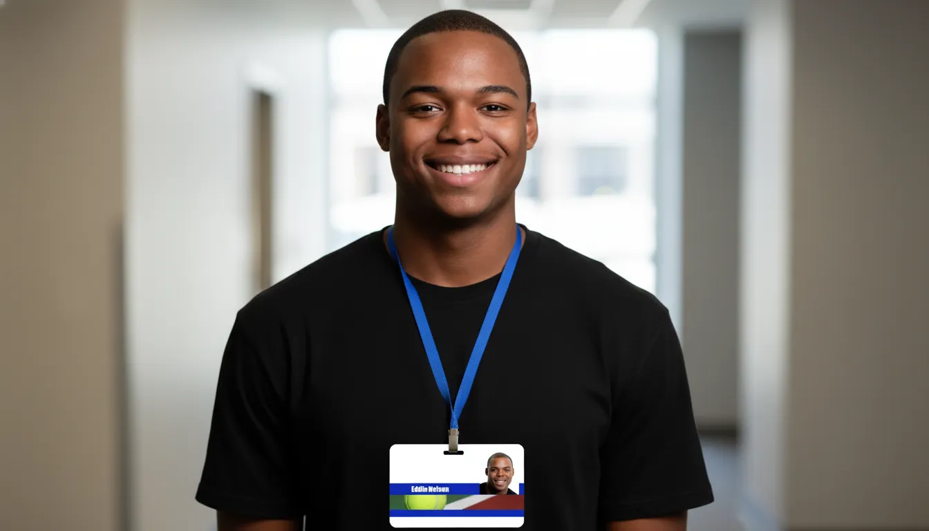 PVC tennis player ID badge with blue and white design, company logo, name, title, and barcode.