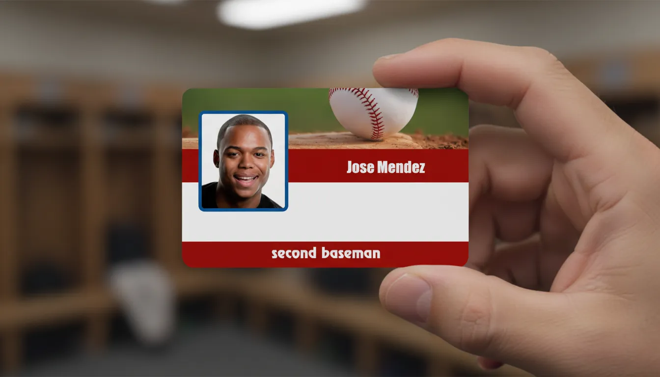 Brown and white golf player id card with photo placeholder, name, title, barcode, and company logo.