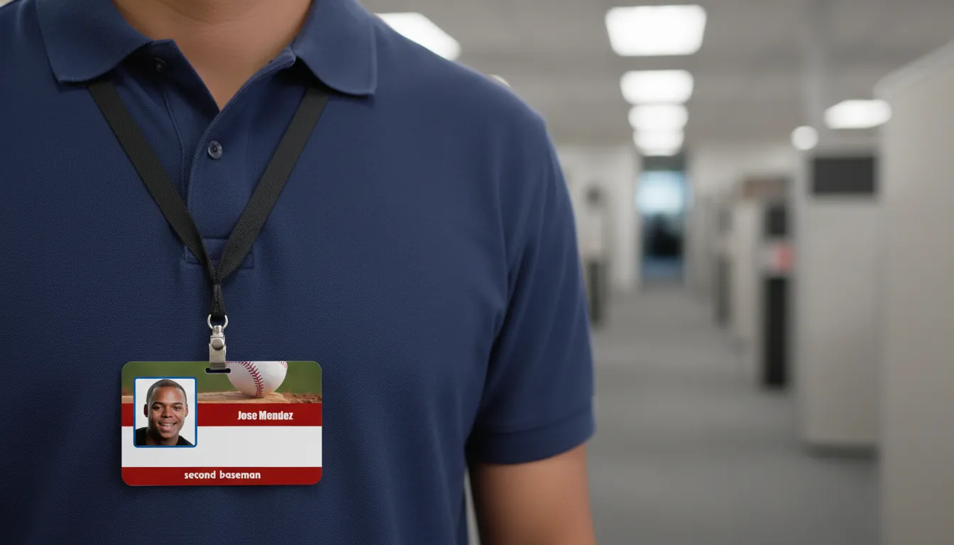 Golf player ID badge with brown and white design, company logo, name, title, and barcode.