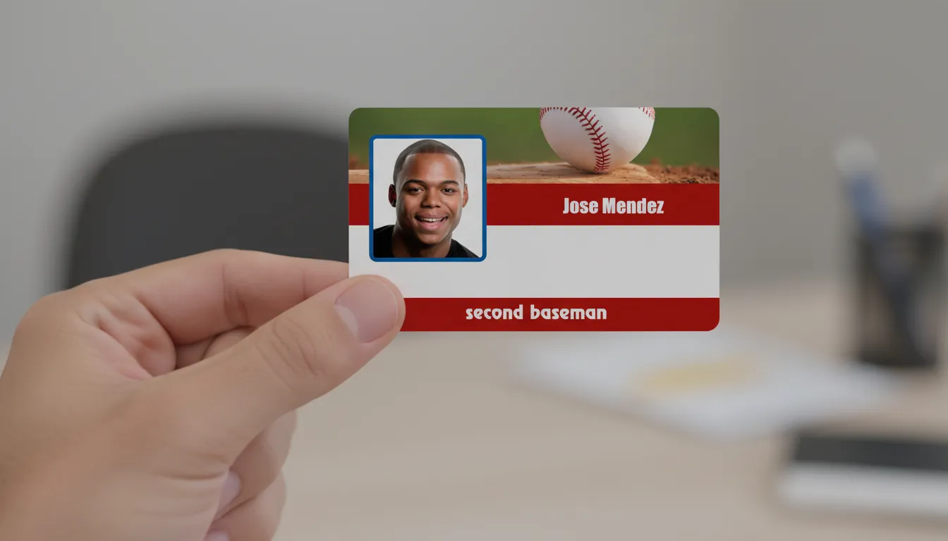 Golf player ID card with holographic overlay, brown and white design, featuring text fields and barcode.