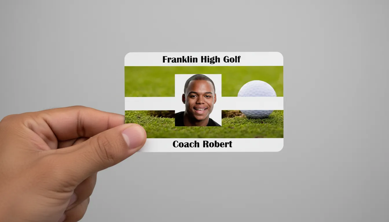 Custom golf team ID card template with green and white color blocks, logo area, and text fields.