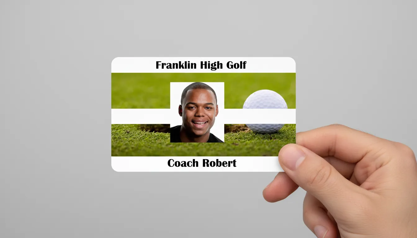 Golf team ID badge with green and white design, company logo, name, title, and barcode.