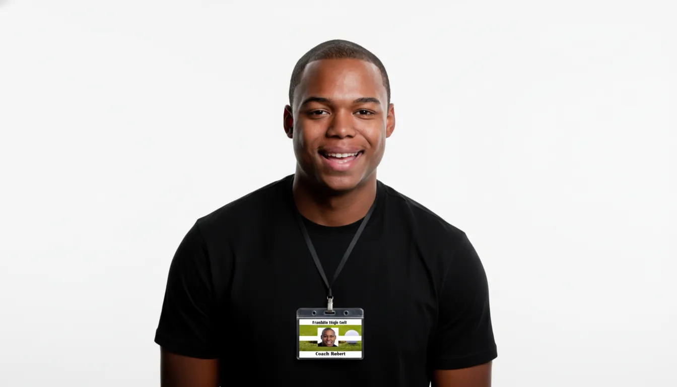 Golf team ID card with green and white design, includes name, photo, barcode, and company logo.