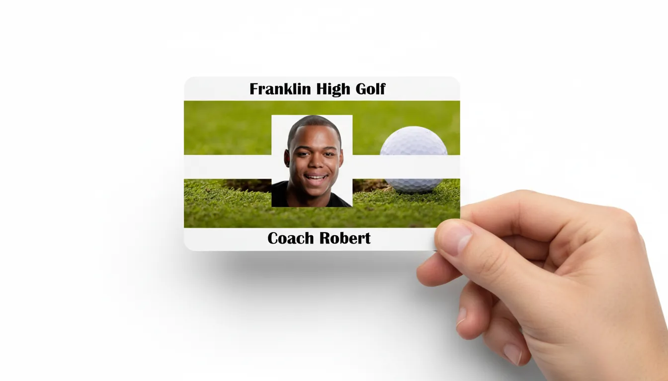 Green and white golf player ID card template with photo area, name, title, barcode, and company logo.