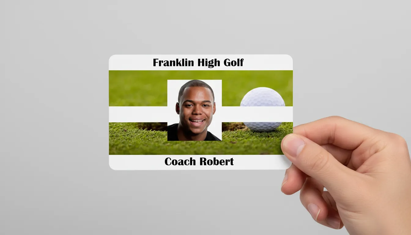 Green and white golf team ID card template with photo area, name, title, barcode, and company logo.