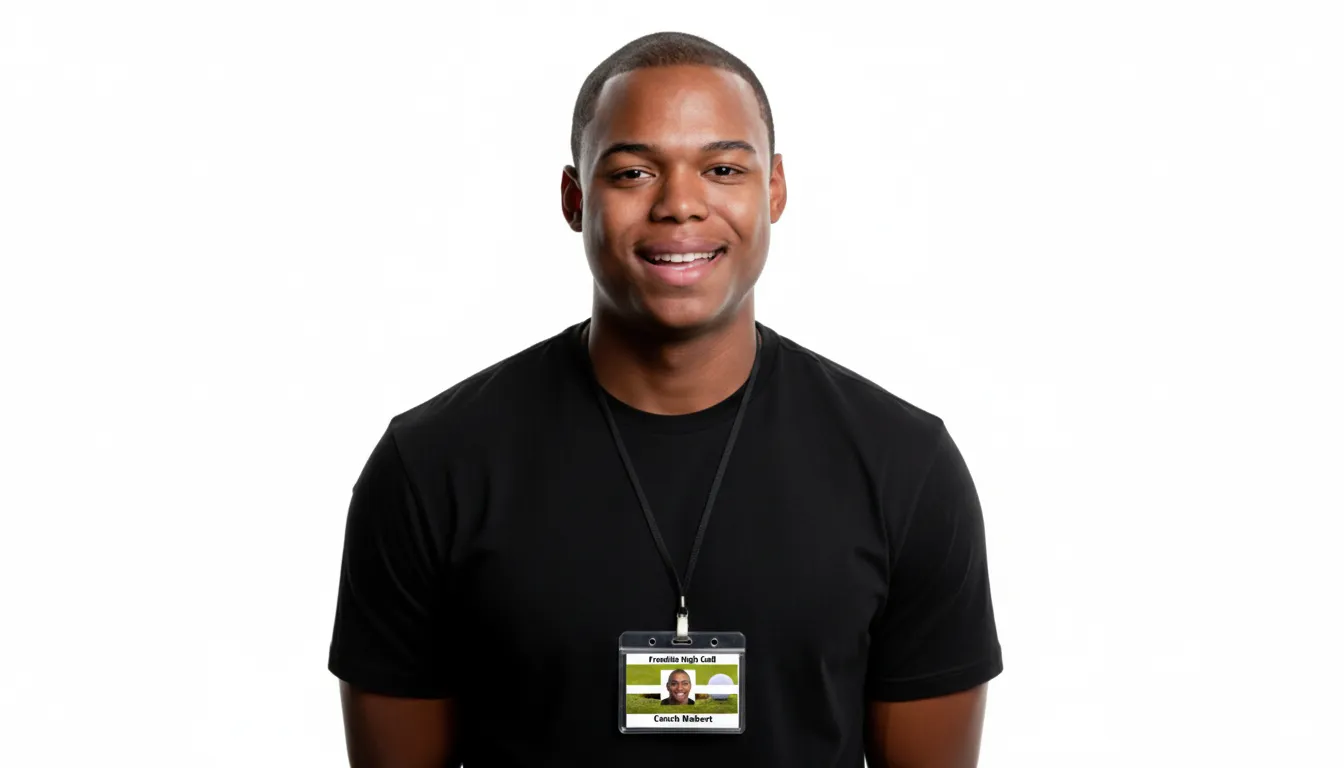 PVC golf team ID badge template with green and white color blocks, logo area, and text fields.