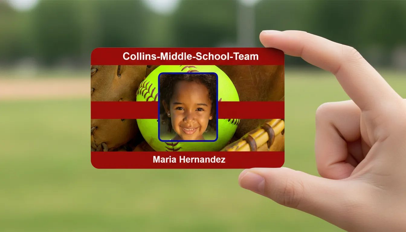 Brown and white middle school ID card template with photo area, name, title, and barcode section.