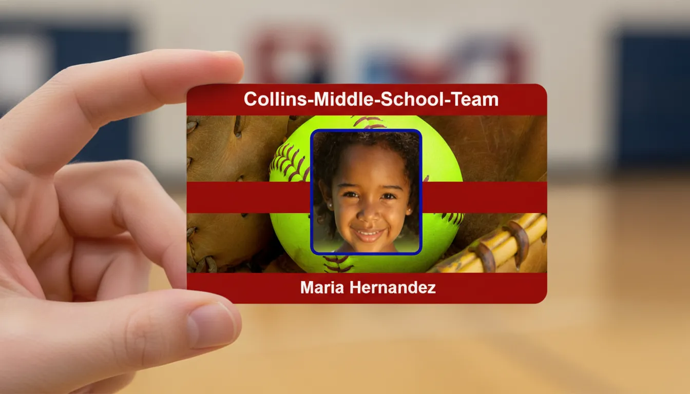 Brown and white middle school id card with holographic overlay, featuring text fields and photo area.