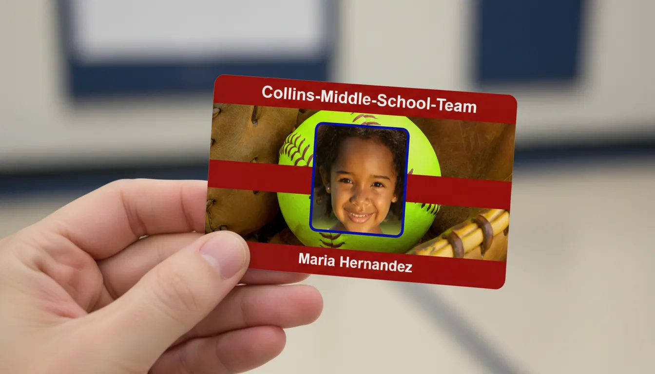 Brown and white middle school id card with holographic overlay, featuring text fields and photo placeholder.