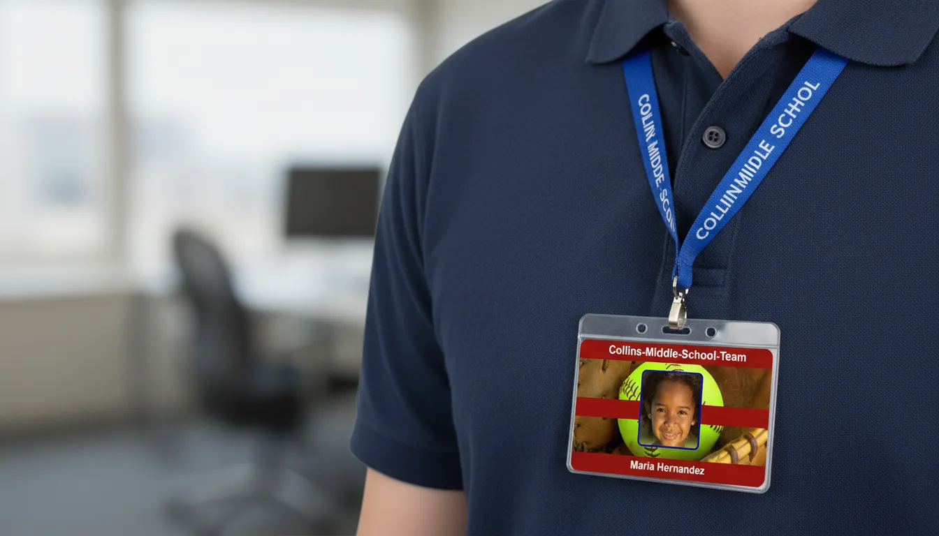 Custom middle school ID card template with brown and white design, featuring photo, name, and company logo areas.