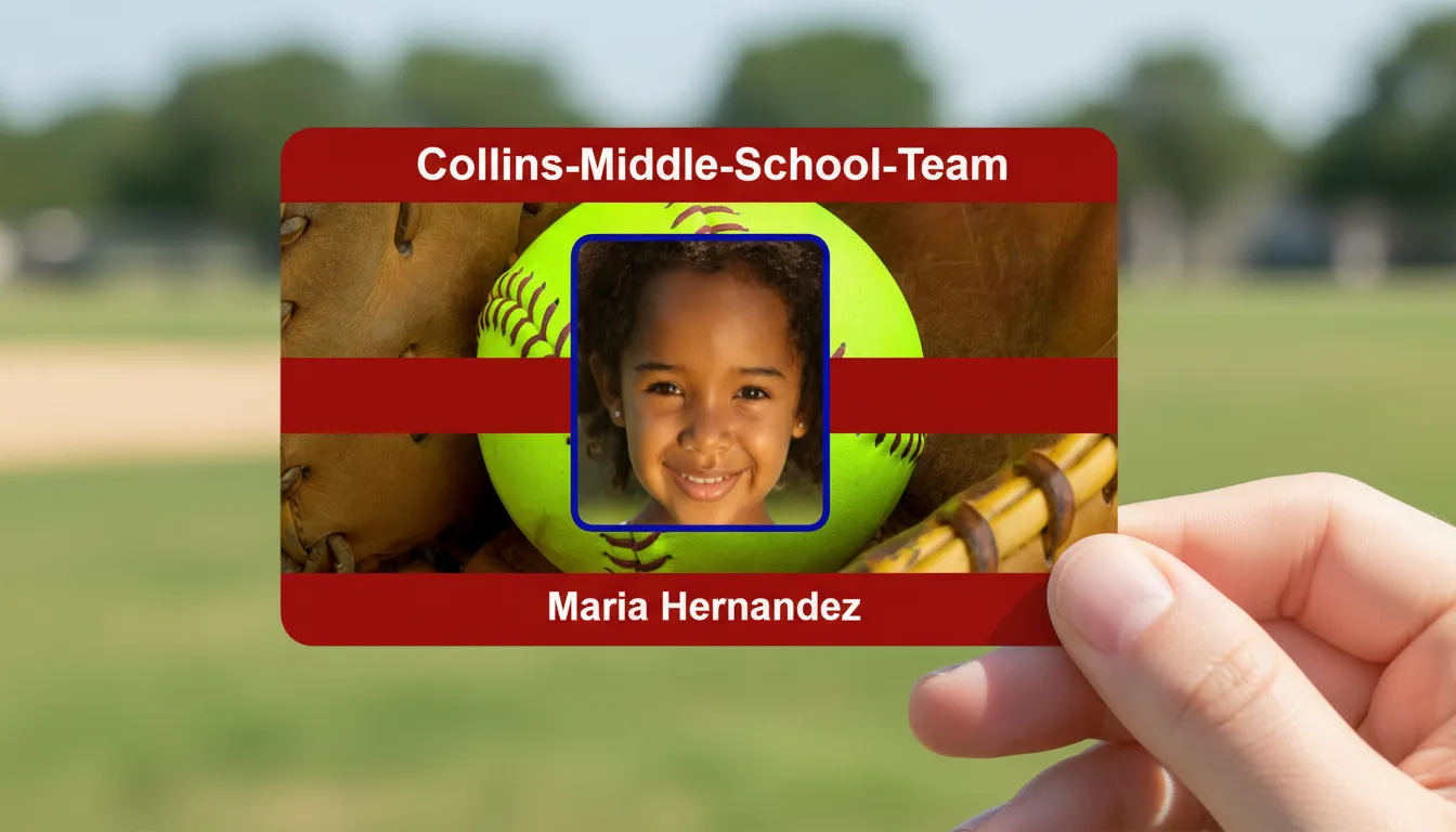 Middle school ID badge with brown and white design, company logo, name, title, and barcode.