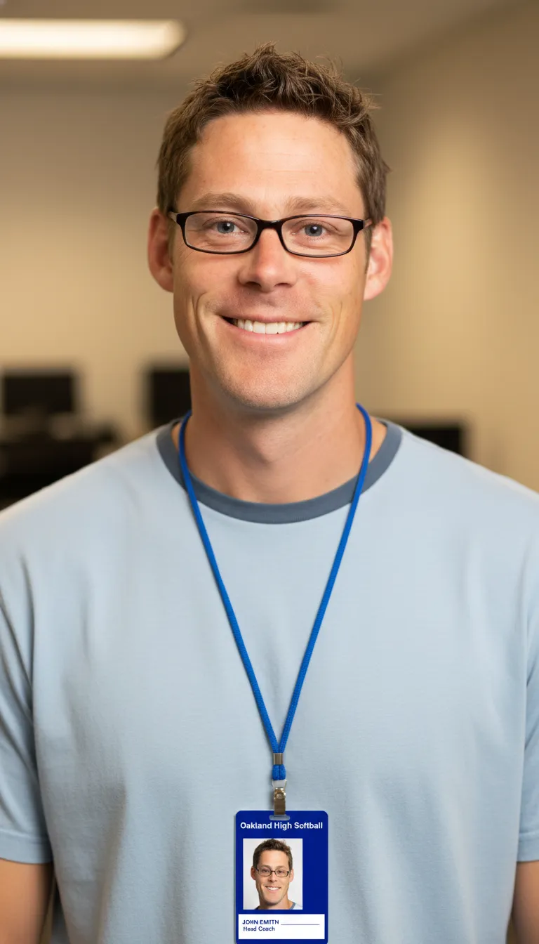 Blue and white softball team ID card template with logo area, name, title, and barcode section.