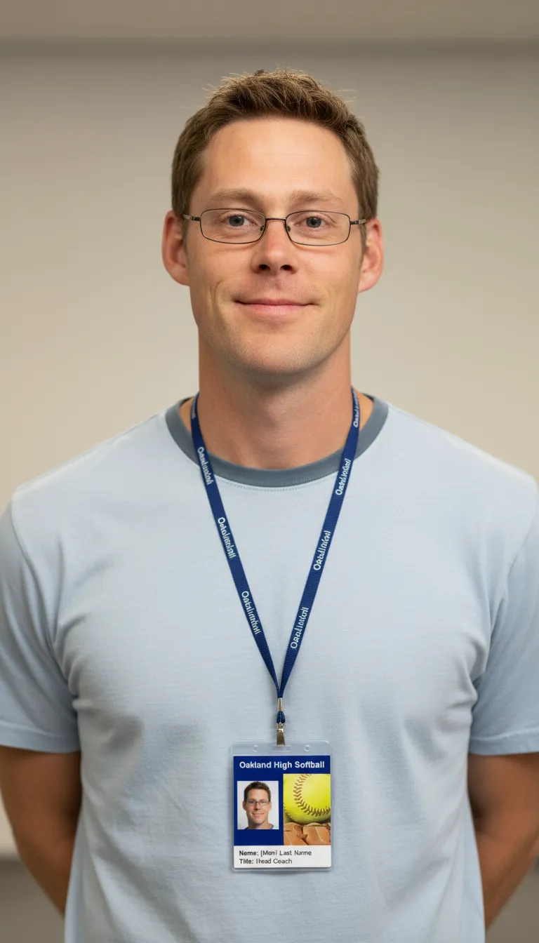 Custom softball team ID badge template with blue and white color blocks, logo area, and text fields.
