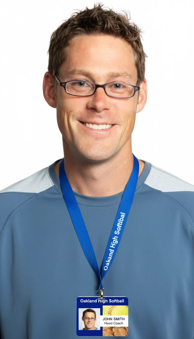 Custom softball team ID badge with blue and white design, logo area, name, title, and barcode section.