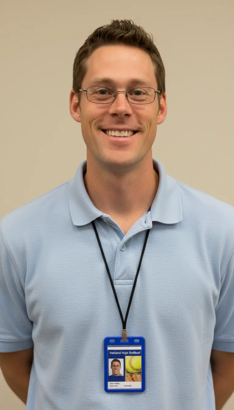Custom softball team ID card template with blue and white color blocks, logo area, and text fields.