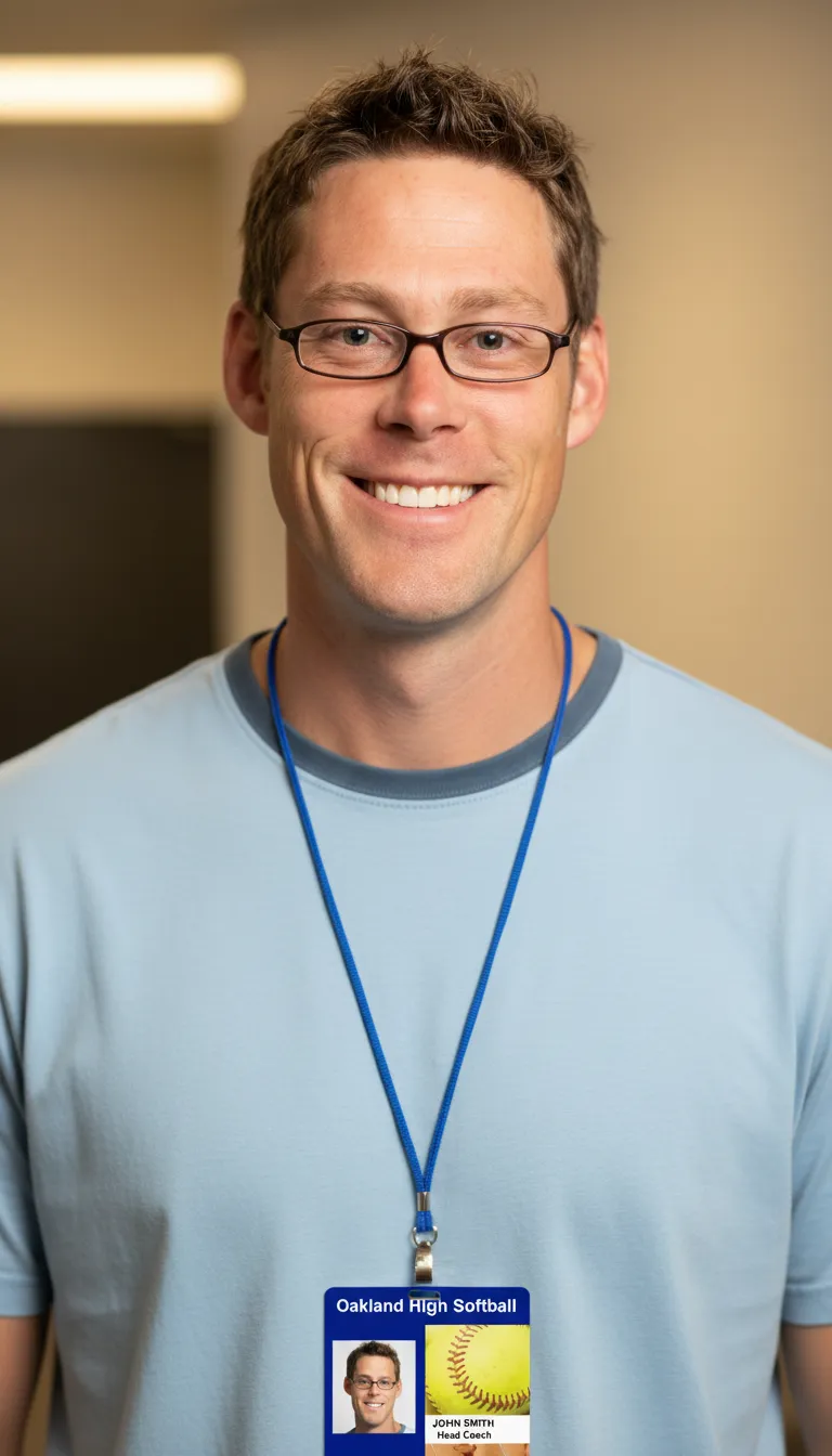 Durable softball team ID card with blue and white design, featuring photo area, name, and barcode section.