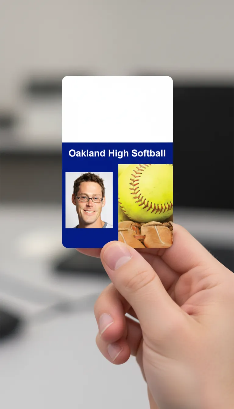 Professional softball team ID badge with blue and white design, company logo, name, and barcode displayed.
