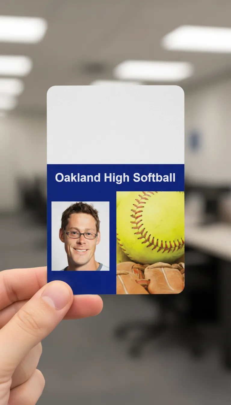 Professional softball team ID card template with blue and white color scheme, featuring text fields and logo area.