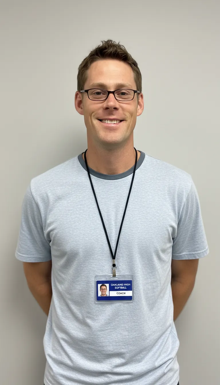 Professional softball team ID card with blue and white design, company logo, name, and barcode displayed.