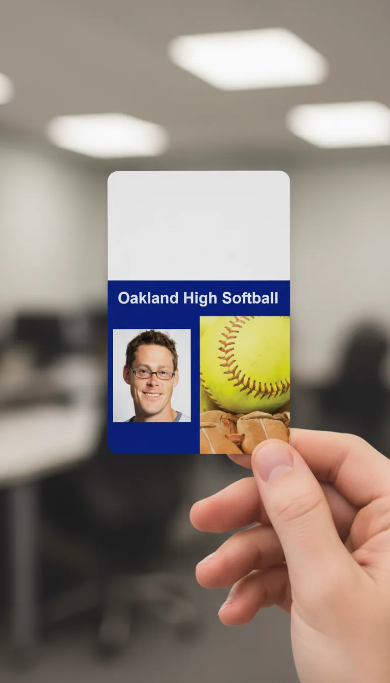 Professional softball team ID card with blue and white design, company logo, name, and barcode visible.