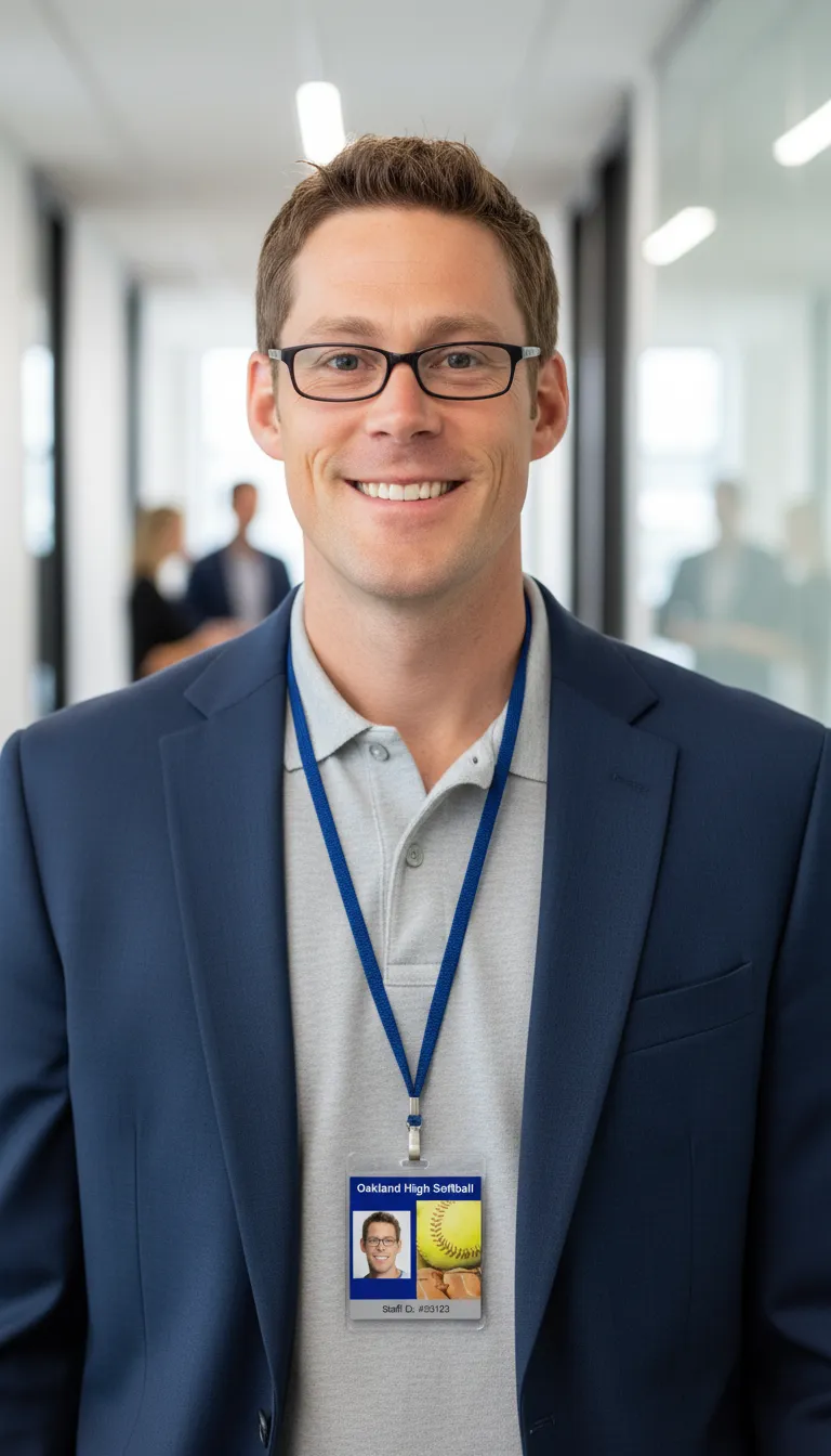Softball team ID card with holographic overlay, blue and white design, featuring text fields and barcode.