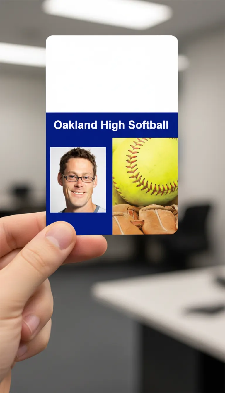 Softball team ID card with holographic overlay, blue and white design, featuring text fields and logo area.