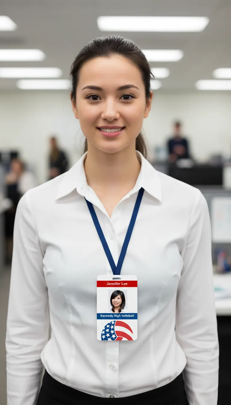 Custom volleyball team ID badge with blue and white design, logo area, name, title, and barcode section.